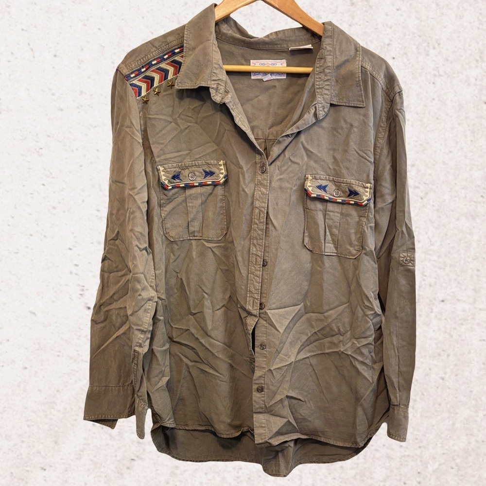 Panhandle Slim Olive Button Down Shirt with Embroidered Accents